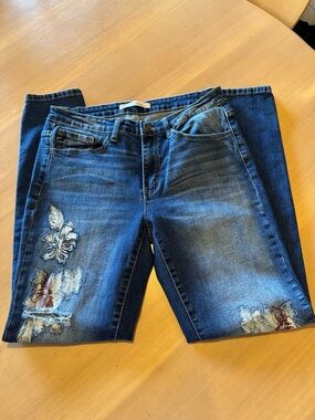 KanCan Dark Blue Jeans with Embroidered Floral Accents